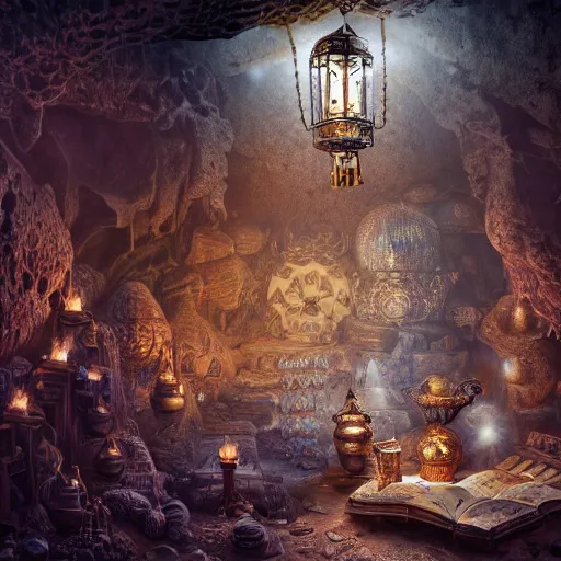 Prompt: epic view of an ancient dark byzantine cave interior, ornate oil lamp on a pile of crystals, books covered in jewels, ornate, surrounded by strange statues and treasure, full of sand and glitter, hyper real, Indiana Jones, Tomb Raider, trending on artstation, concept art, cinematic, jewels, by Jordan Grimmer