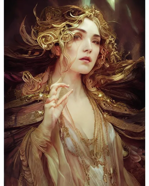 Image similar to a beautiful close up portrait of a sorceress floating on air with elegant looks, flowing robe, ornate and flowing, intricate and soft by ruan jia, tom bagshaw, alphonse mucha, wlop, beautiful roman architectural ruins in the background, epic sky, vray render, artstation, deviantart, pinterest, 5 0 0 px models