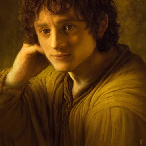 Prompt: frodo baggins in the shire In the style of Rembrandt, detailed 4k photograph