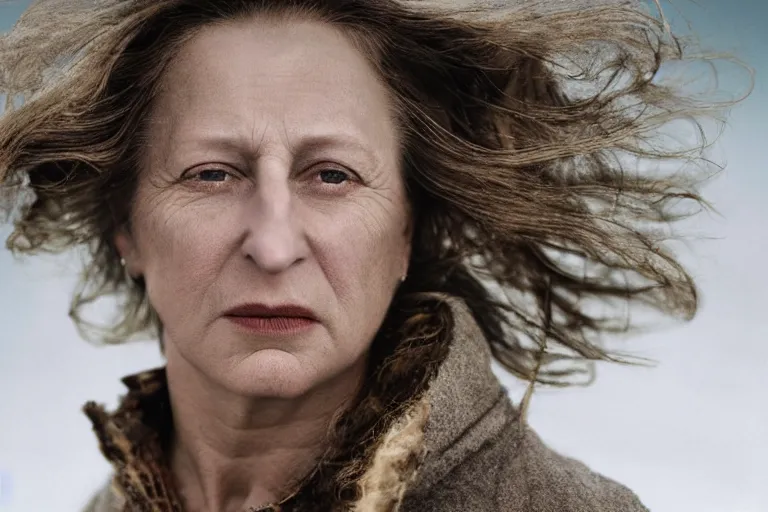 Image similar to a cinematic headshot portrait of a frozen middle aged woman stood in a field, field on fire, ultra realistic, depth, beautiful lighting, by annie leibovitz