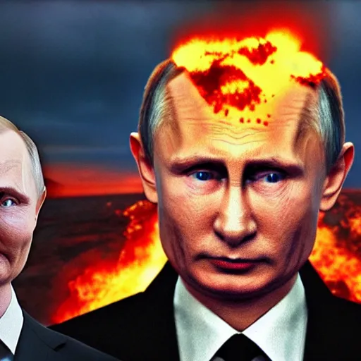 Prompt: a huge nuclear mushroom cloud explodes behind a grief stricken vladimir putin, photorealistic, apocalyptic - h 6 4 0