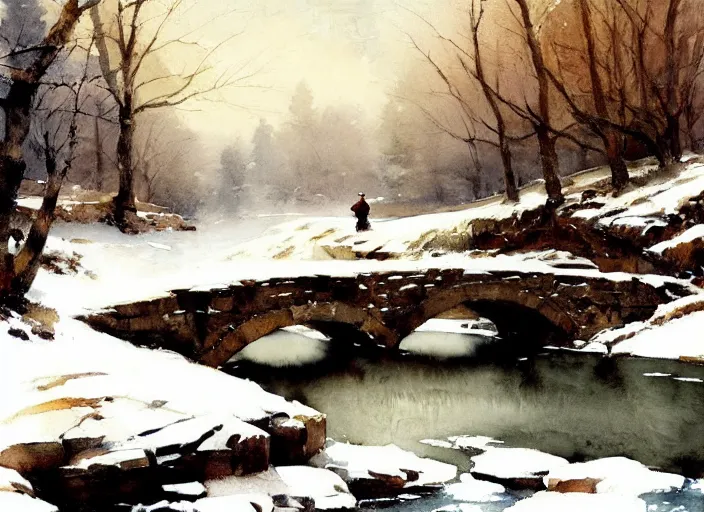 Image similar to watercolor of rustic stone bridge winter landscape, glistering, high detailed art by dennis miller bunker, work by anders zorn, wonderful masterpiece by greg rutkowski, beautiful cinematic light, american romanticism by greg manchess, creation by tyler edlin