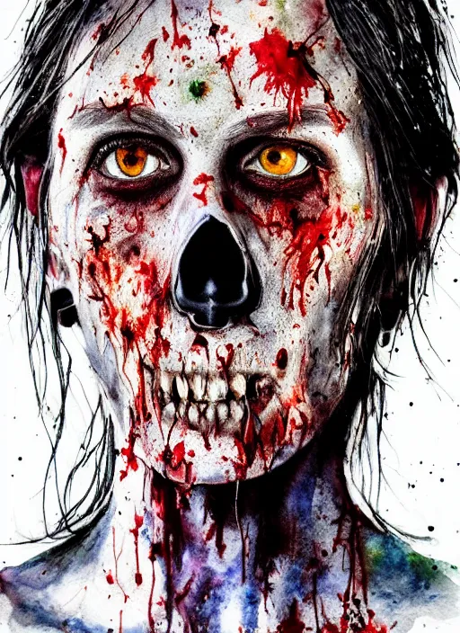 Prompt: zombie hollywood professional acting headshot, hyperrealism, intricate detailed, studio lighting, charming expression gesicht, hauntingly beautiful zombie, watercolor art, drawn and painted, colored layers, dulled contrast, exquisite fine art, splatterpaint