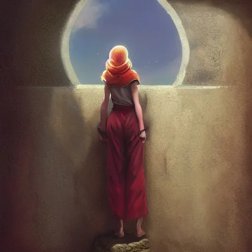 Prompt: a young girl standing on top of an impossibly tall wall, looking down at what is on the other side. she wears a shirt and trousers and a very long red scarf around her neck that trails down a long way. beautiful fantasy painting by artgerm and greg rutkowski