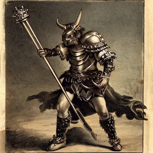 Image similar to a minotaur wearing plate armor and holding a mace