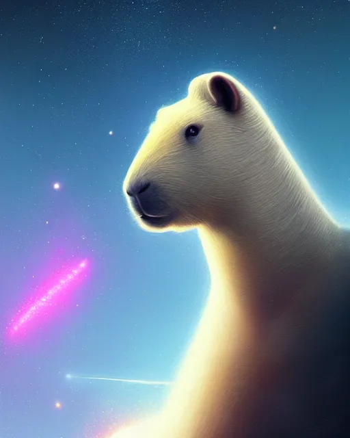 Image similar to a white capybara cruising the milky way, beautiful, agile, myth, legend, trending on artstation, light effects, kilian eng, john harris, bastien lecouffe - deharme