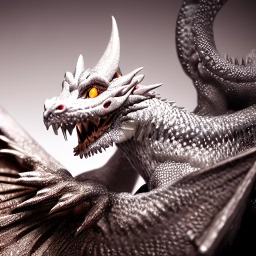 Prompt: hyperrealist highly detailed miniature dragon, glistening white scales, concept art pascal blanche dramatic studio lighting 8k wide angle shallow depth of field
