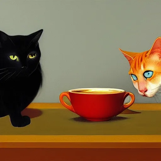 Image similar to highly detailed, 4k, oil painting of cats drinking coffee by Caravaggio, Matisse, and Rothko, surrealism, rendered by unreal engine