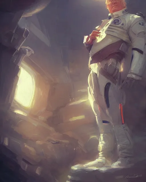 Image similar to donald trump in a spaceship pilot dress, portrait, illustration, rim light, top light, perfectly shaded, spring time, slight overcast lighting, soft painting, art by krenz cushart and wenjun lin