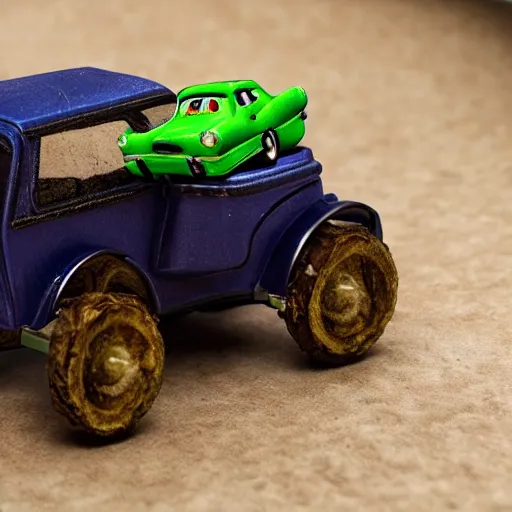 Prompt: photo realistic barney crushing tiny cars detailed horror style screaming