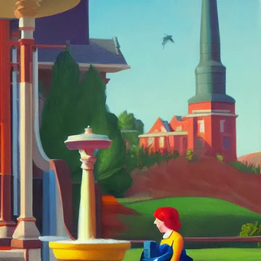 Image similar to a fine art painting of the ingame mascots from planet coaster in a water fountain with planet coaster in view in the style of edward hopper and wes anderson.