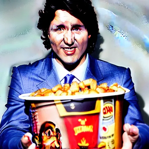 Prompt: Justin Trudeau holding authentic quebec poutine for a 1990s sitcom tv show, Studio Photograph, portrait