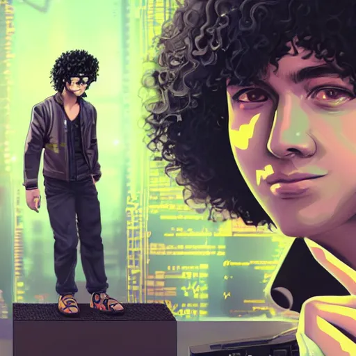 Prompt: cyberpunk curly - haired persian programmer next to an artificial brain on a stand, trending on artstation, makoto shinkai, masamune shirow and moebius, high detailed