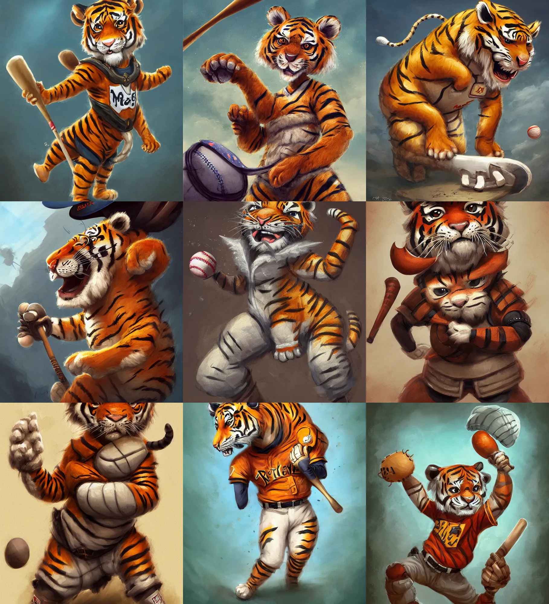 Prompt: cute little anthropomorphic tiger wearing a baseball uniform in a sports stadium, tiny, small, short, cute and adorable, pretty, beautiful, dnd character art portrait, matte fantasy painting, deviantart artstation, by jason felix by steve argyle by tyler jacobson by peter mohrbacher, cinema