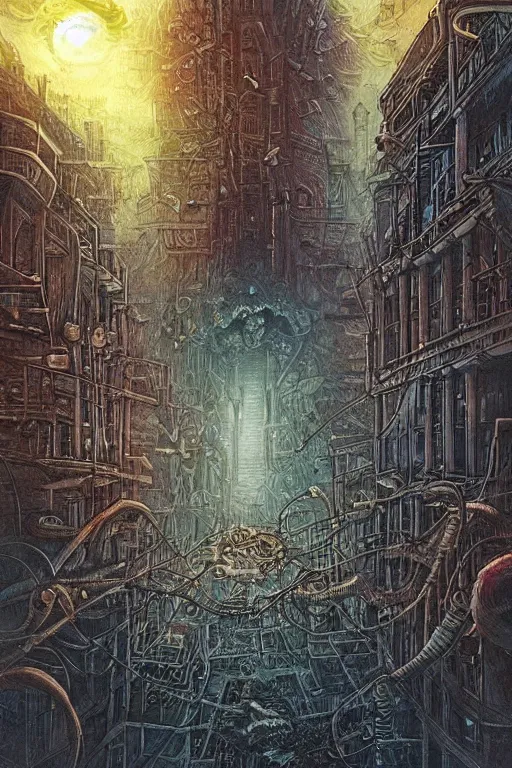 Image similar to the end of the world as we know it, urban city, lovecraftian horror, epic composition, full - color