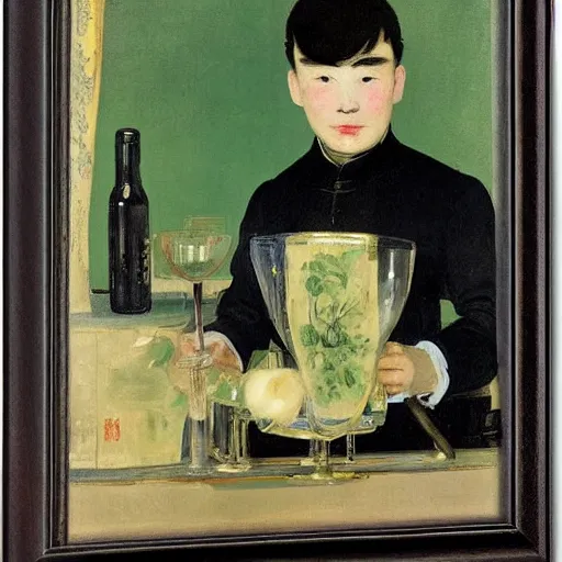 Prompt: portrait of a male chinese android bartender by edouard manet