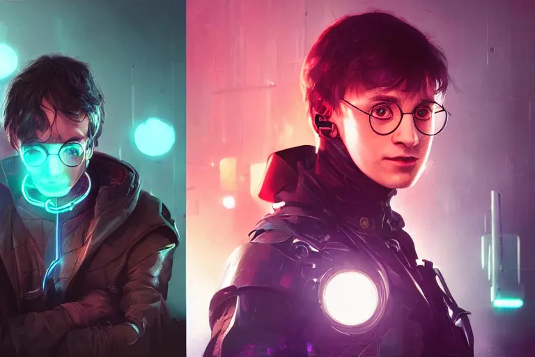 Image similar to portrait of cyborg Harry Potter in cyberpunk, neon lighting, portrait in center, digital art from artstation by Ruan Jia and Mandy Jurgens and Artgerm and william-adolphe bouguereau and Greg Rutkowski and Wayne Barlowe