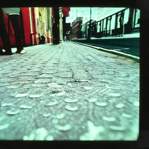 Prompt: wide-shot, low-angle eyesight, first-person!! chain of cat paw prints on fresh cement at the street, polaroid photo, by Andy Warhol