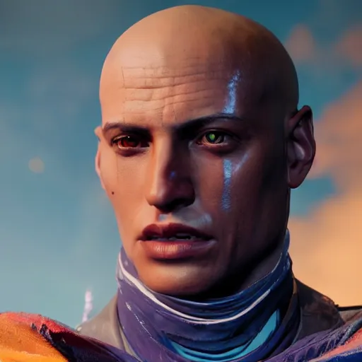 Prompt: beautiful painting portrait of zavala in destiny 2, ultra detailed, hyper realistic, blue face unreal engine, ray tracing 8 k, salvador dali style