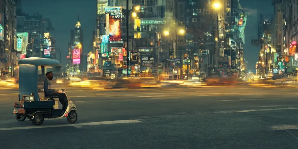 Image similar to a tuk tuk walking through a desolate manhattan city street at night statue of liberty seen in the background realistic 4 k octane beautiful