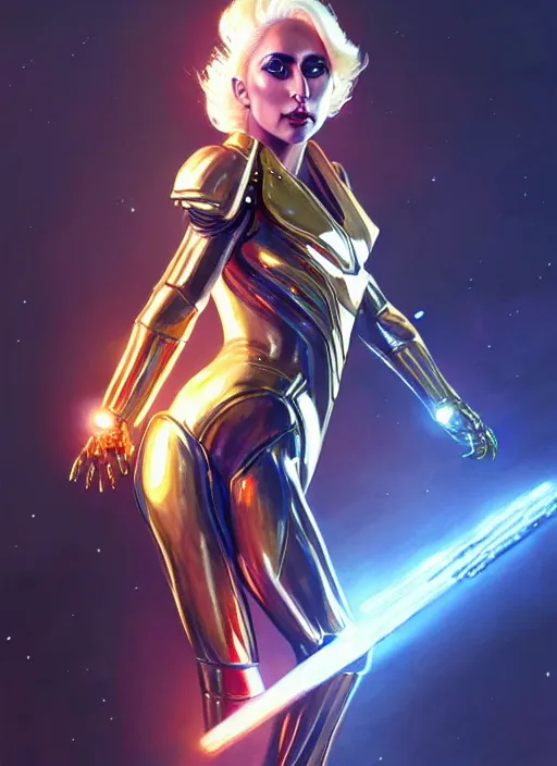 Prompt: lady gaga as nova corps officer, intricate, elegant, glowing lights, highly detailed, digital painting, artstation, glamor pose, concept art, smooth, sharp focus, illustration, art by artgerm and greg rutkowski, artey freytag