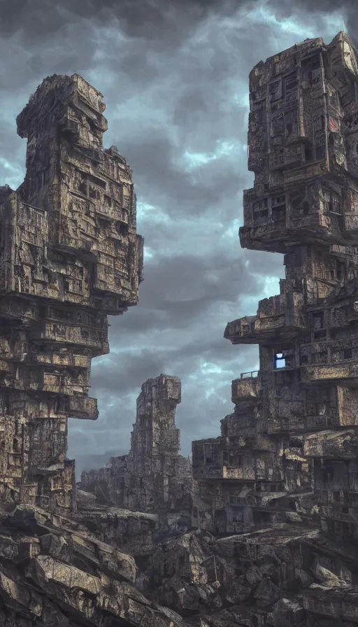 Image similar to a surrealistic oil painting of brutalism rock fractals in style of old soviet town, grimdark, 4k, ultra detail, volumetric lighting, unreal engine, octane render