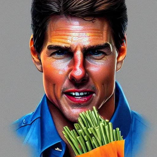 Image similar to tom cruise dressed as a construction worker planting fries, digital art, highly - detailed, artstation cgsociety masterpiece