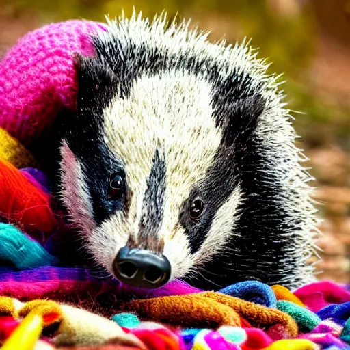 Image similar to angry badger viciously ripping apart a colorful wool sock, digital photography, HDR