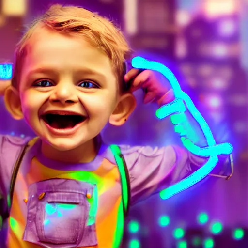 Image similar to a happy cyborg child smiling at the camera, neon city in the background, highly detailed realistic digital art,