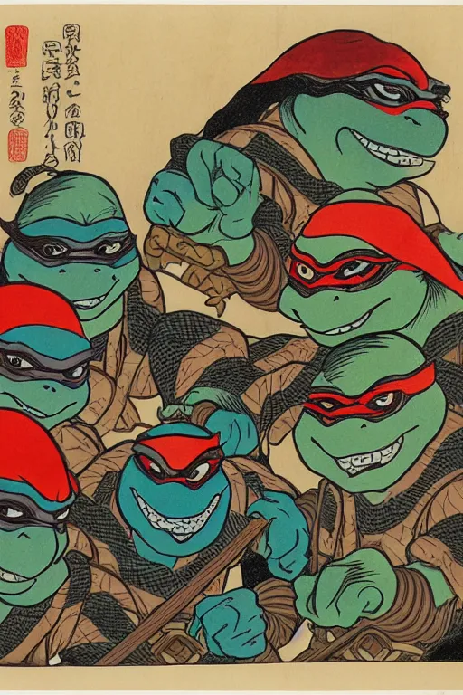 Image similar to Four Teenage Mutant Ninja Turtles, Japanese ukiyo-e ukiyo-ye woodblock print, by Moronobu