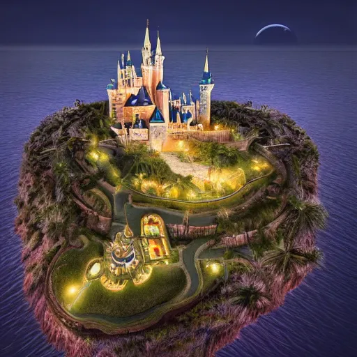 Prompt: the disney castle surrounded by giant palm trees on a giant floating island in the sky at night while a huge light bulb illuminates the island from above, cinematic, digital art by erik johansson, 8 k resolution, hyper detailed, sharp focus