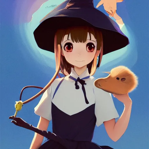 Prompt: full body portrait character concept art, anime key visual of a little witch with her capybara mascot, fine - face, audrey plaza, realistic shaded perfect face, fine details. anime. very strong realistic shaded lighting poster by ilya kuvshinov katsuhiro otomo ghost, magali villeneuve, artgerm, jeremy lipkin and michael garmash and rob rey