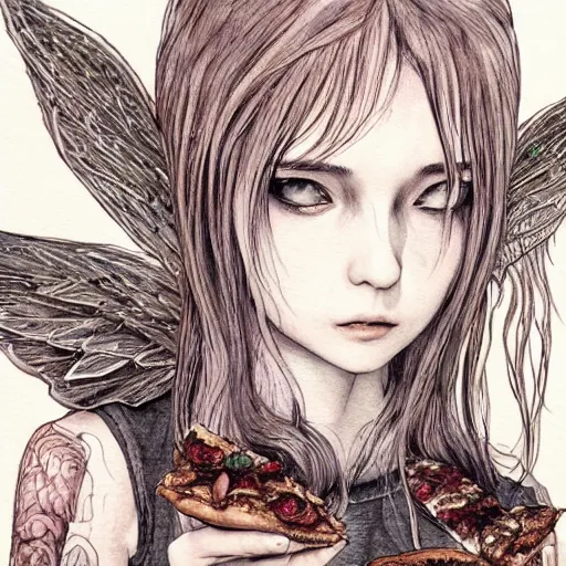 Image similar to portrait of a grungy fairy girl, wearing a hoodie and sweatpants, symmetrical wings, wings made of pizza, basic white background, symmetrical, watercolor, pen and ink, intricate line drawings, by Yoshitaka Amano, Ruan Jia, Kentaro Miura, Artgerm, detailed, trending on artstation, hd, masterpiece,