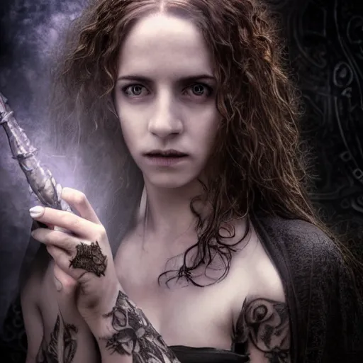 Image similar to Hermione in tattoos conjuring with a magic wand, by luis royo art, dressed beautiful gown, beautiful eyes, Beautiful face, by Aggi Erguna, high detail, high resolution, art from harry potter, by David Lazar and Annie Leibovitz 500px photos, top cinematic lighting , cinematic mood, very detailed