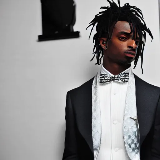 Prompt: playboi carti wearing a elegant suit, daguerrotype