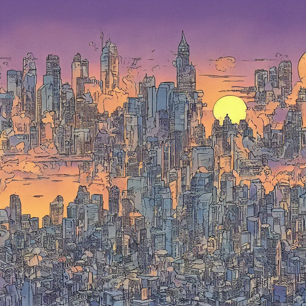 Prompt: city skyline over a polluted lake, clouds, sunrise, 1 9 8 5 comic book