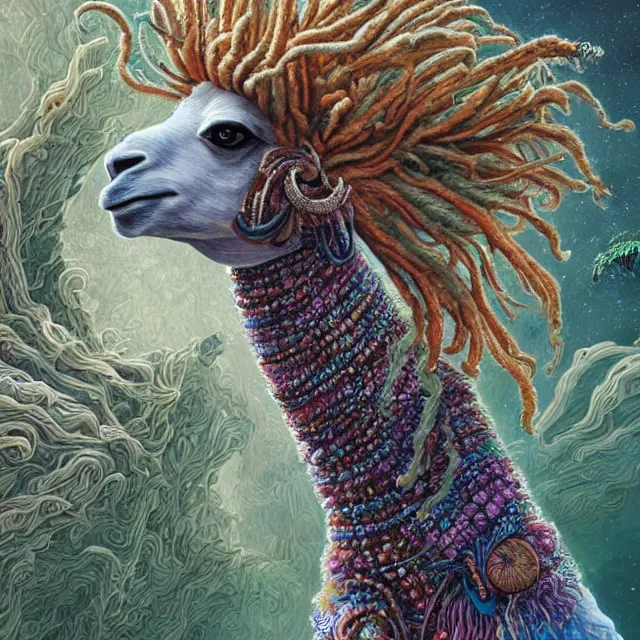 Image similar to llama with dreadlocks, beautiful space, by mandy jurgens, ernst haeckel, james jean
