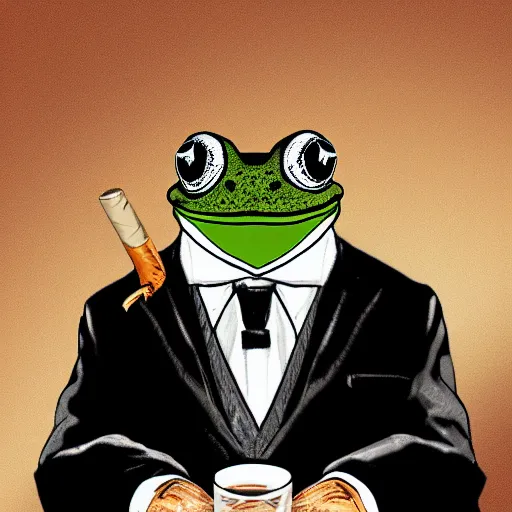 Image similar to a frog 🐸 wearing a suit smoking a cigar