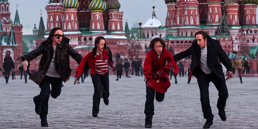 Prompt: nicolas cage as freddy krueger chasing lora palmer on the red square in moscow. cinematic trailer high resolution