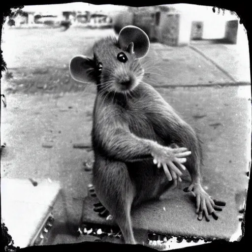 Image similar to “A rat in a gang member pose tooken by a 1950’s camera”