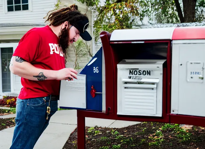 Image similar to dslr photo still of post malone as a postal worker mailman putting letters in mailbox and delivering packages to door, 8 k, 8 5 mm f 1 6