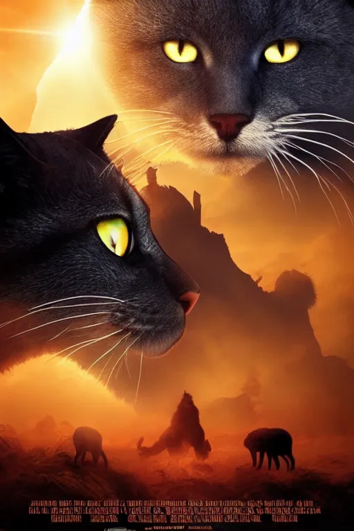 Image similar to a movie poster for warrior cats, depth of field, sun flare, hyper realistic, very detailed, backlighting, cgi