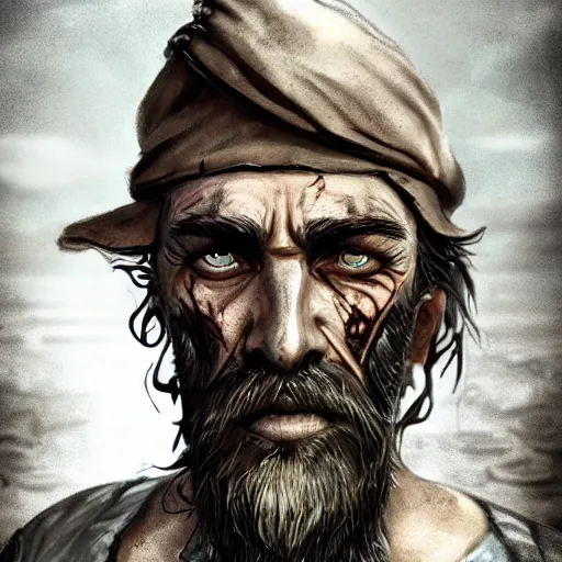 Image similar to centered detailed portrait of an old smuggler with a huge beard:: post apocalyptic, Fallout style, destroyed city on background::old grunge skin, scars, mutation::realistic character concept, identical eyes, gazing eyes, beautiful eyes medium shot, elegant pose, fantasy, illustration, slender symmetrical face and body, artstation, cinematic lighting, hyperdetailed, cgsociety, 8k Resolution, high resolution, Charlie Bowater, Tom Bagshaw, Tom Richmond, single face, insanely detailed and intricate, beautiful, elegant, golden ratio, vfx, psychedelic