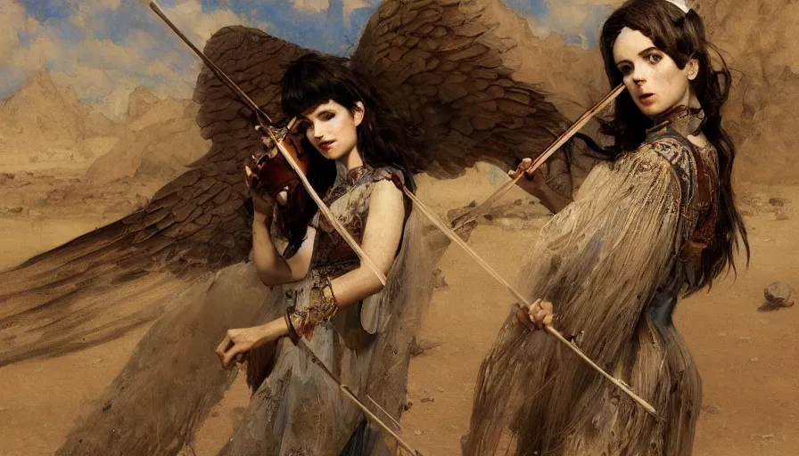 Prompt: angel with wings alone playing on a violin in the desert, oriental painting, sunny morning, russian oil painting, serov, surikov, vasnetsov, repin, kramskoi, paint texture, uplight, insanely detailed and intricate, high resolution, Charlie Bowater, Tom Bagshaw, Norman Rockwell, octane rendered, unreal engine, illustration, trending on artstation, masterpiece, 8k