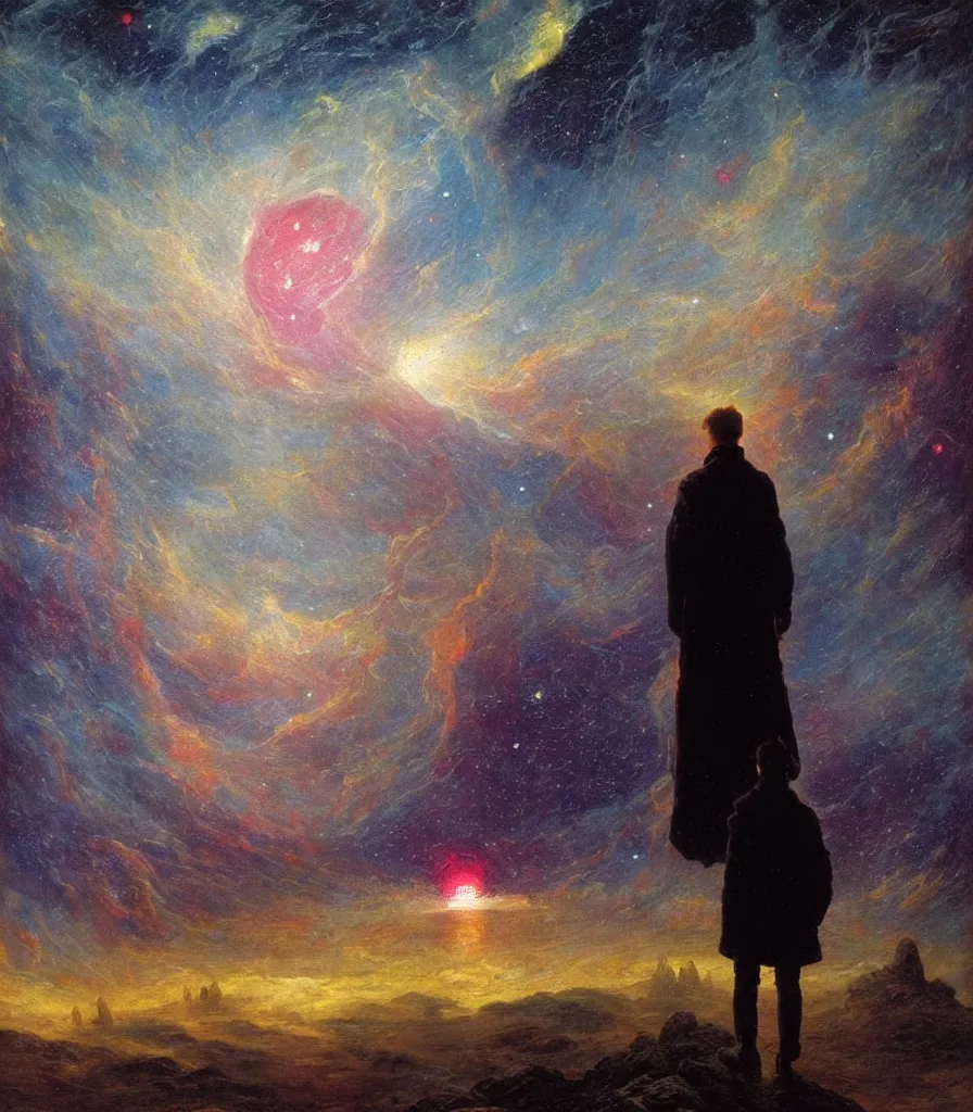 Image similar to an impasto oil painting of a futuristic wanderer gazing into a misty universe full of mystical colorful light nebulae and galaxie spainted by caspar david friedrich, light colors, impressionism