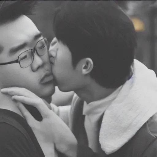 Prompt: two korean 2 0 year old males kissing