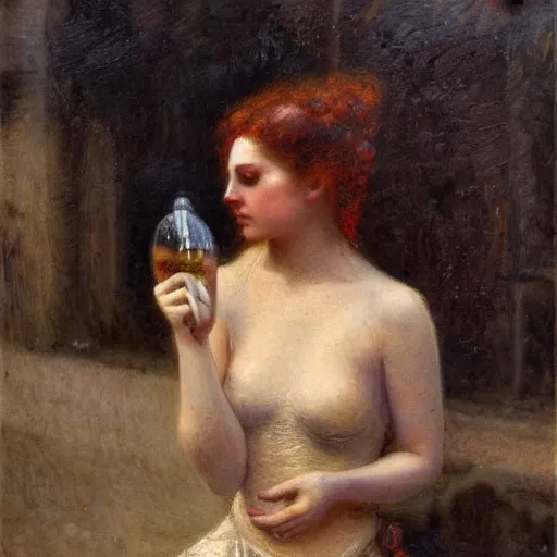 Image similar to intricate, lonely tired young woman man holding wine bottle drunk in the street, detailed, by gaston bussiere, h. r. giger, masterpiece, sharp focus,