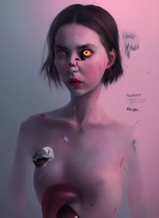 Prompt: portrait of sinister girl with pouty aerochrome lips, bodachs, unforgivable, cute bandaid on nose!!, expressive eyes, full body, deathly skin, greg rutkowski, charlie bowater, yuumei, stephen gammell, unreal 5, daz, hyperrealistic, octane render, rpg portrait, dynamic lighting, fantasy art, beautiful face