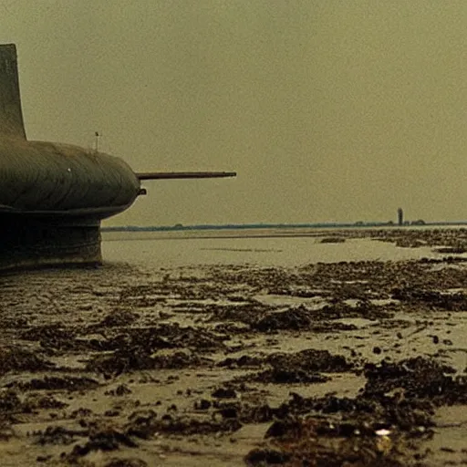 Image similar to film still, close up, nuclear submarine rising out of muddy vietnam river, face covered in mud, low camera angle at water level, night time, film still from apocalypse now ( 1 9 7 9 ), 2 6 mm,