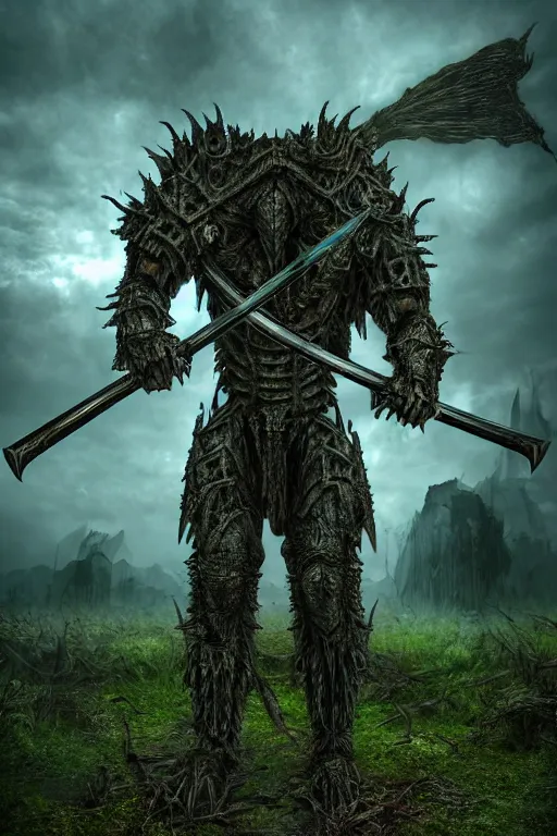 Image similar to post - gothic giant muscular humanoid chimera, exoskeleton armor, holding katana, dystopian ruins covered in vegetation, highly detailed smooth digital art masterpiece, vitaly bulgarov giger dramatic dark teal light, ground angle hd 8 k, sharp focus